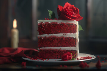 Elegancki kawałek tortu Red Velvet z białym kremem, ozdobiony świeżą czerwoną różą na talerzu.
