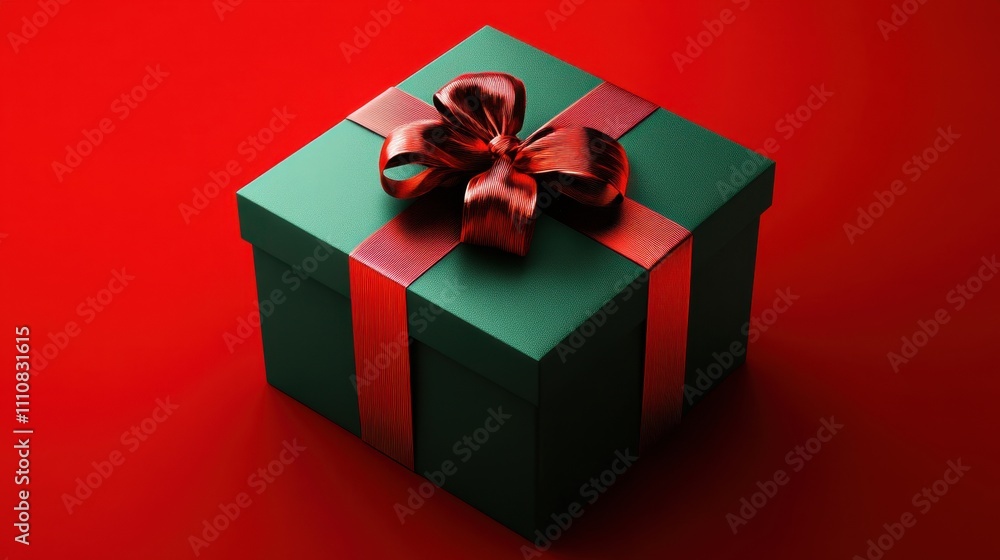Poster a modern green gift box tied with a vivid red ribbon, set against a minimalist red background with a