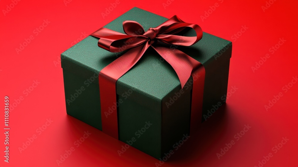 Poster a modern green gift box tied with a vivid red ribbon, set against a minimalist red background with a