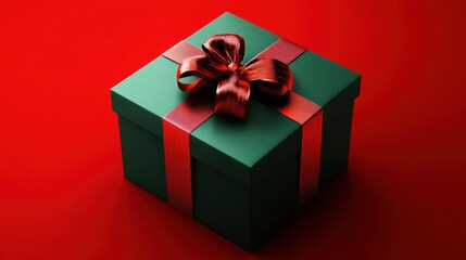 Obraz premium A modern green gift box tied with a vivid red ribbon, set against a minimalist red background with an open area on the top for text or design elements