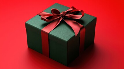 Fototapeta premium A modern green gift box tied with a vivid red ribbon, set against a minimalist red background with an open area on the top for text or design elements