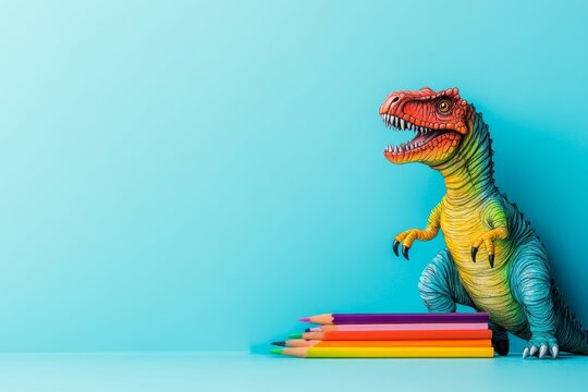 A colorful dinosaur toy stands on colored pencils against a blue background, a concept for an education and school supplies banner. National Draw a Dinosaur Day.