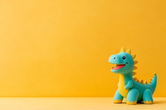 Minimalist plain yellow background for product photography, featuring one cute blue and yellow dinosaur toy, with lots of empty space around the subject. National Draw a Dinosaur Day. - Powered by Adobe