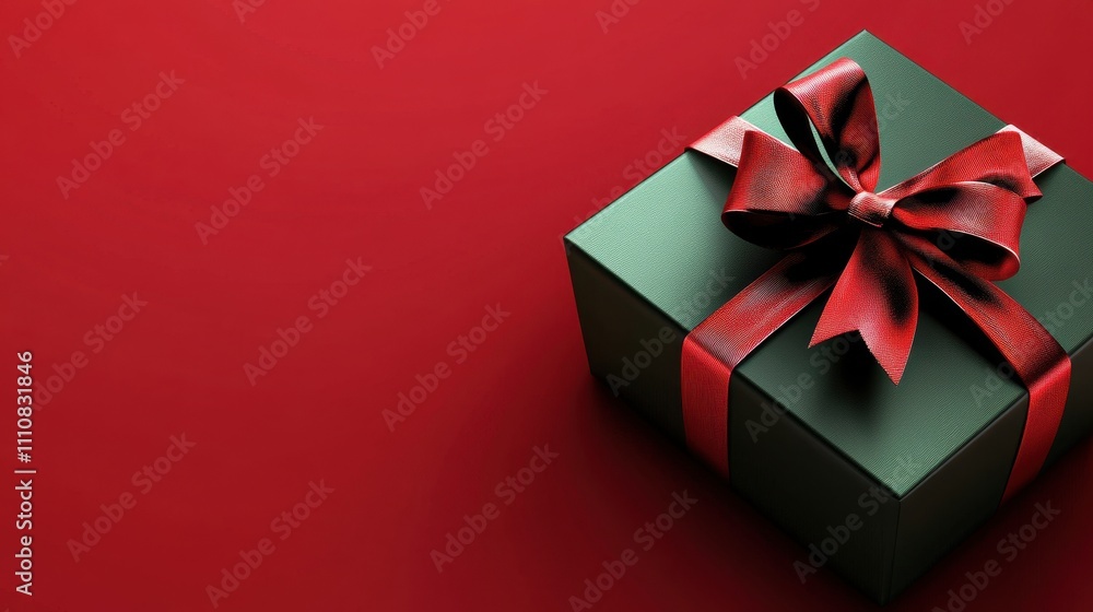 Poster a modern green gift box tied with a vivid red ribbon, set against a minimalist red background with a