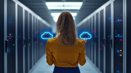A woman in a yellow shirt stands in a server room, holding glowing cloud icons, symbolizing cloud computing and digital storage.