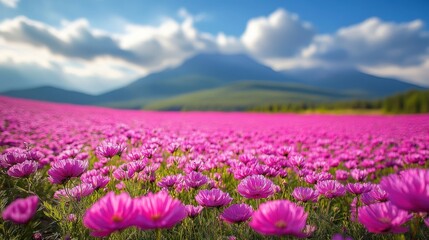 Obraz premium A vibrant field of pink flowers with mountains and clouds in the background.