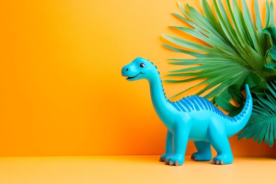 Minimalist plain yellow background for product photography, featuring one cute blue and yellow dinosaur toy with vibrant, full focus on the subject. National Draw a Dinosaur Day. - Powered by Adobe