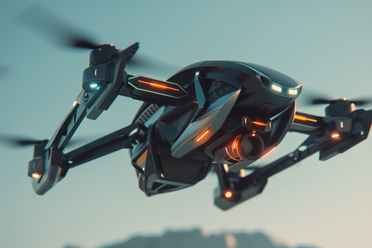 Nowoczesny dron w futurystycznym designie, unoszący się w powietrzu o zachodzie słońca.