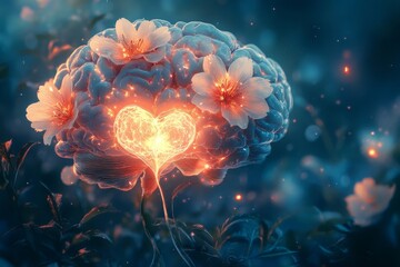 Fototapeta premium Surreal glowing brain with blooming flowers and a heart symbolizing love, intelligence, and emotional connection