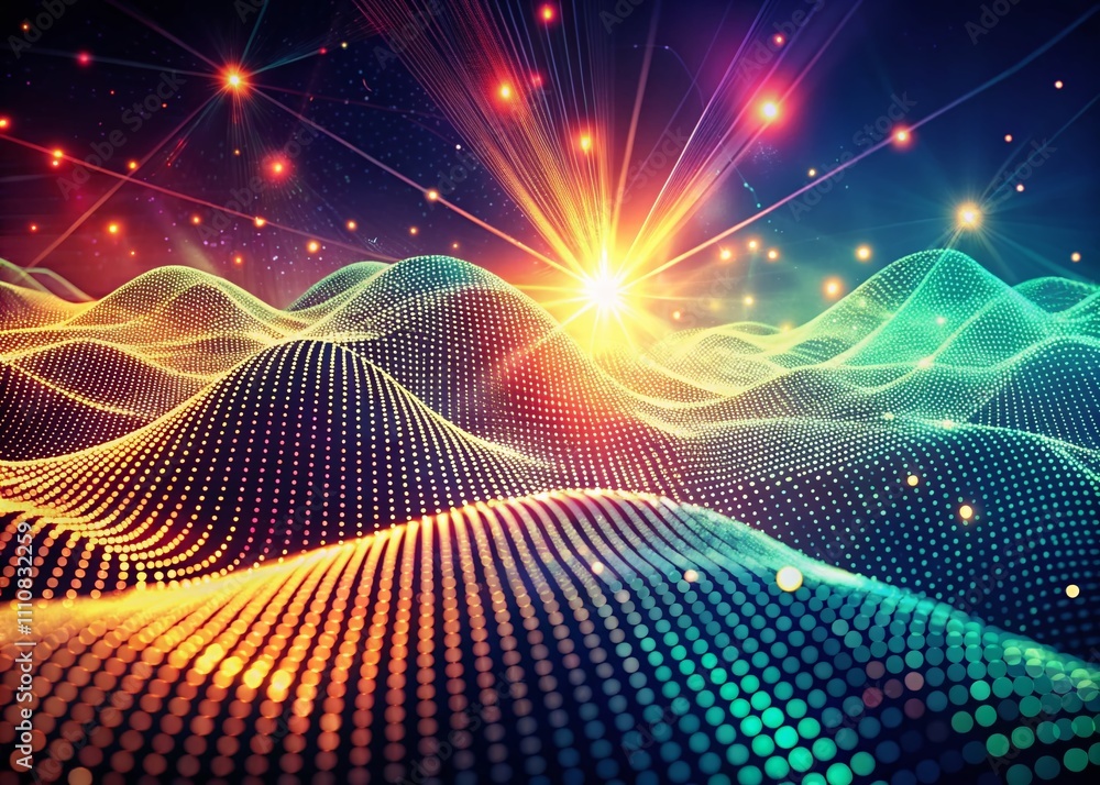 Poster vintage style abstract digital background featuring futuristic waves of dots and weave lines in a te
