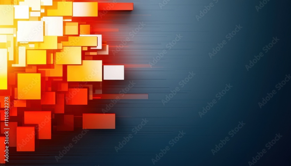 Poster a vibrant abstract design featuring overlapping squares in warm colors against a dark blue backgroun