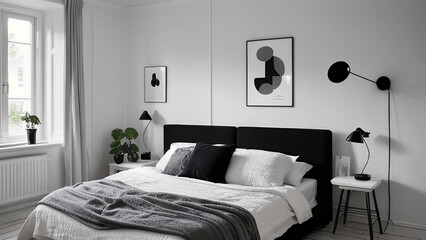 Scandinavian interior design of modern bedroom.