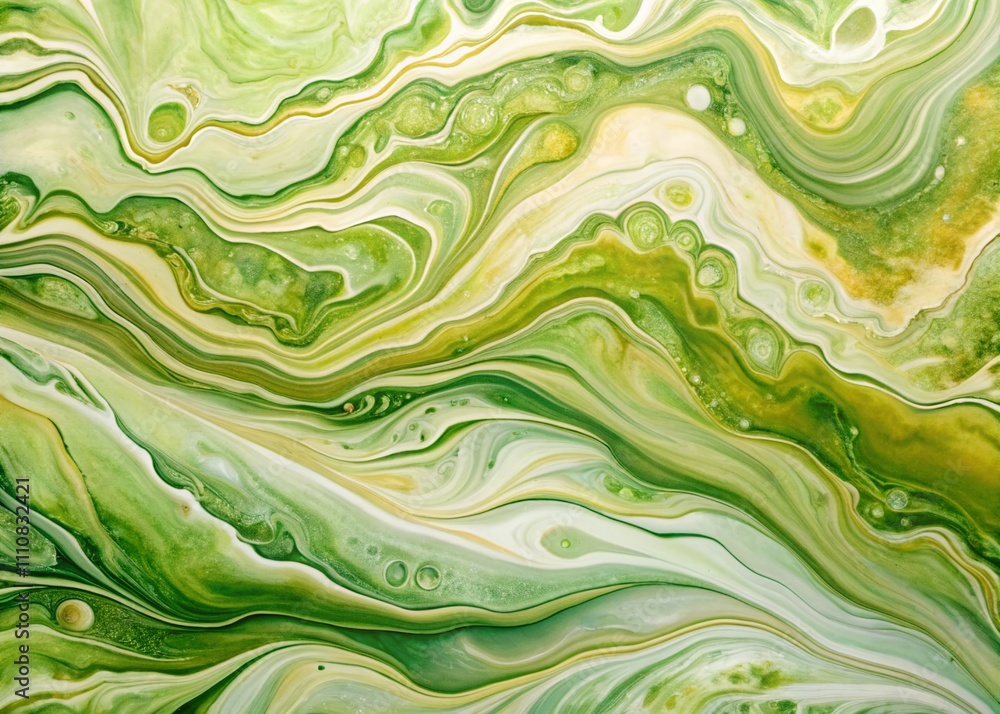 Poster vintage style abstract fluid art background in light green and white with olive shiny lines and khak