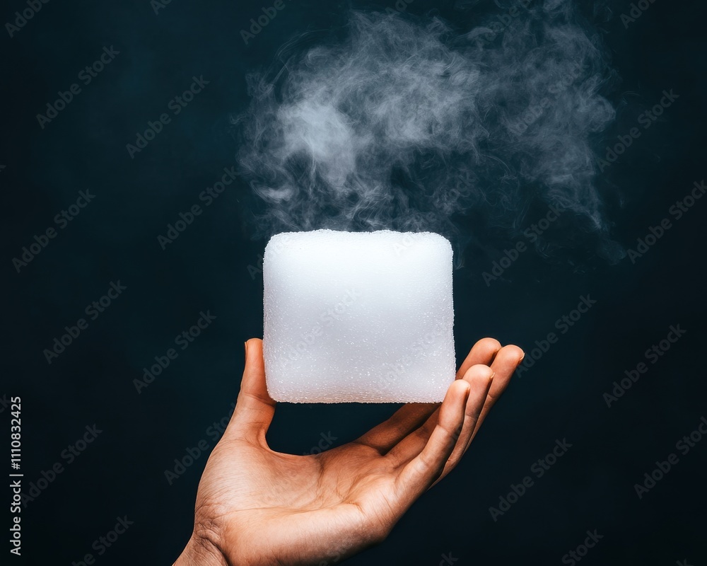 Poster a hand holds a white, cloud-like block emitting vapor against a dark background, creating a mystical