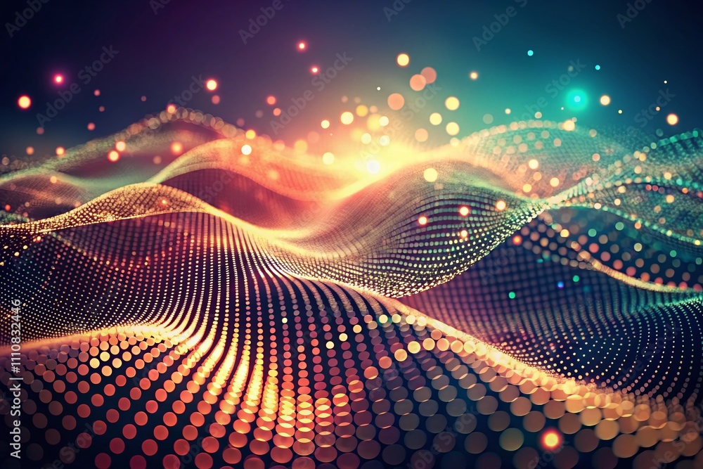Poster vintage style abstract futuristic wave with moving dots and lines, flow of particles, cyber technolo