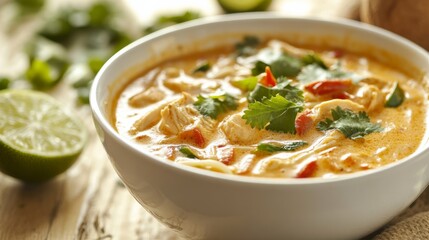 Photo of, A bowl of creamy coconut curry soup filled with chicken, vegetables