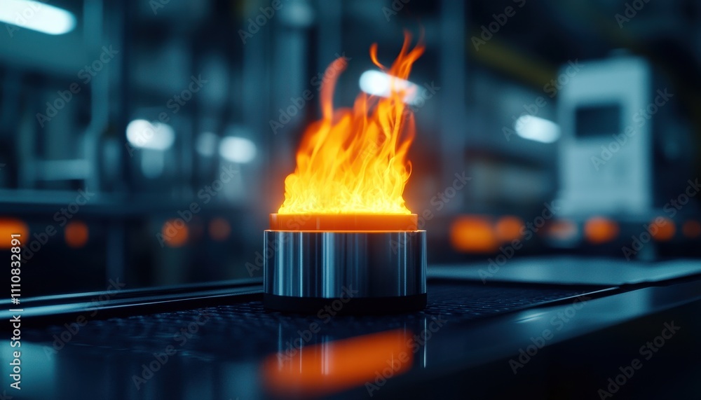 Poster a glowing flame emanates from a metallic base in a modern industrial setting, showcasing a blend of 