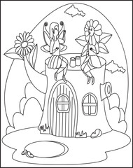 UploadFairy tale old medieval town, underground shelter for dragon family. The butterfly barista serves coffee pots and cups to the table on the terrace. Adults coloring book page