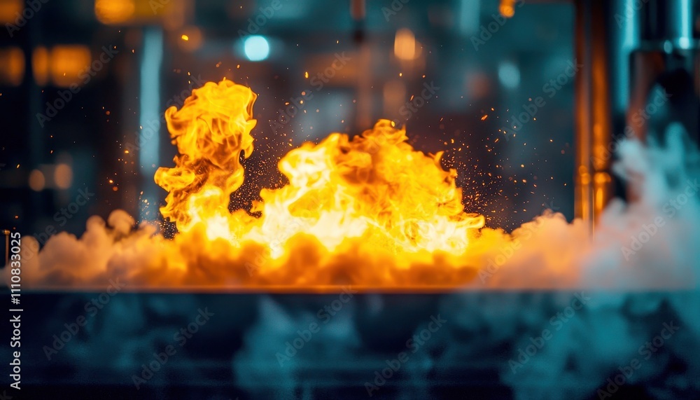 Poster a vibrant explosion of flames and smoke, showcasing the dynamic interplay of fire and steam in a con