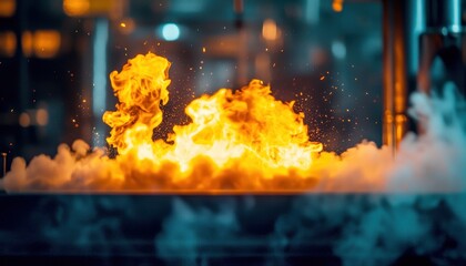 A vibrant explosion of flames and smoke, showcasing the dynamic interplay of fire and steam in a controlled environment.