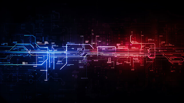 futuristic subway map, a futuristic subway map with blue and red lights on a black background, rendered in d with high resolution and realism shot with a mm lens