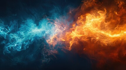 Fototapeta premium A vibrant depiction of swirling blue and orange smoke, representing contrasting elements.