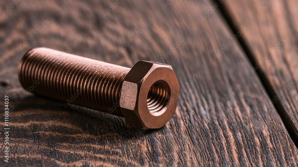 Poster A close-up of a copper bolt resting on a textured wooden surface, highlighting its threads and hexagonal shape.