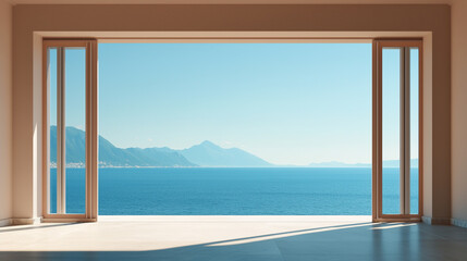 Serene ocean view through large open window, with distant mountains under clear blue sky.