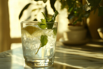Balanced lifestyle setup, water, vitamins, fresh greens, bright daylight