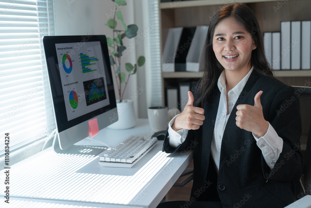 Poster young office manager showing thumbs up while working with charts and pie graphs on computer screen, 