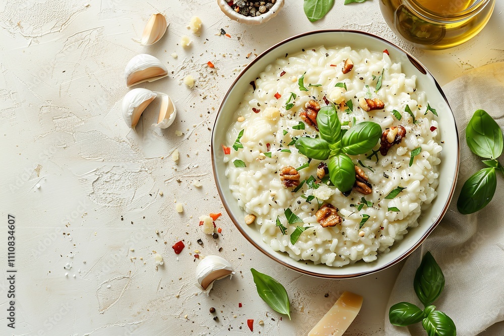 Poster a close-up and a top view of an italian cheese risotto with a large copy area for textual use on a c