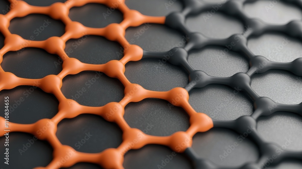 Poster Close-up of a textured surface featuring interlocking hexagonal patterns in orange and black, showcasing a modern design element.