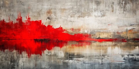Vintage Style Photography of Abstract Contemporary Art Featuring Bold Red Brushstrokes on Gray and White Textured Canvas with Artistic Flair and Timeless Appeal