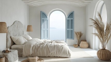 Fototapeta premium Coastal Style Bedroom with Sea View. A serene and stylish bedroom design with a breathtaking ocean view. Neutral tones and natural elements create a tranquil space perfect for relaxation.