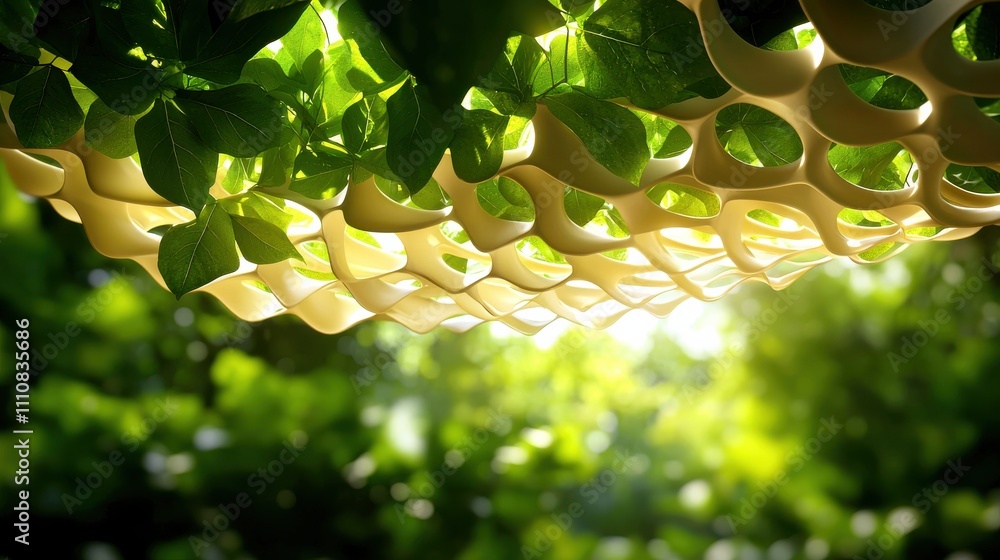 Poster a vibrant green canopy of leaves juxtaposed against a light-filtering structure, creating a serene a