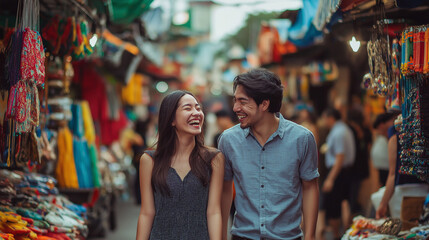 Obraz premium Playful moment of a couple walking through a lively city market, their laughter captured amid colorful stalls and festive energy