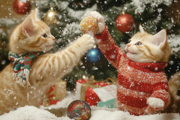 A heartwarming Christmas scene featuring two playful kittens, one wearing a cozy red sweater and the other a colorful scarf, as they reach for festive ornaments in the snow
