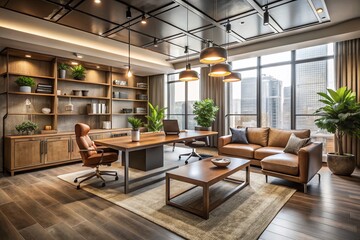 Vintage Style Photography of a Minimalist Interior Concept Showcasing Artistic Corporate Construction with Elegant Furniture and Subtle Color Palette for Modern Workspaces