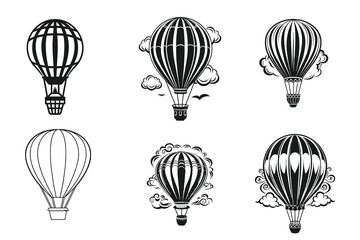 Set of Hot air Balloon vector silhouette line art 