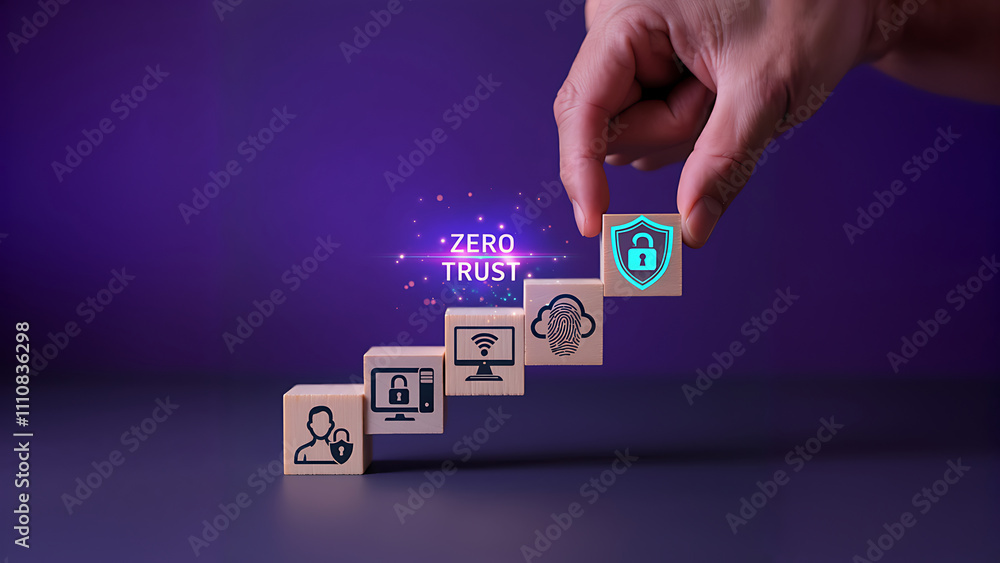 Poster zero trust cybersecurity concept with digital security icons representing data protection, cloud sec