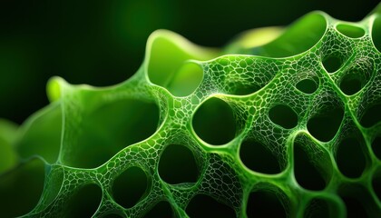 A close-up of green, textured leaf patterns showcasing intricate holes and a natural, organic design.