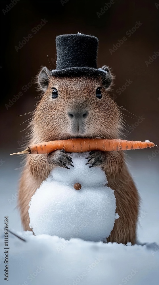 Poster a charming capybara wearing a top hat holds a carrot in front of a snowman in a snowy setting.