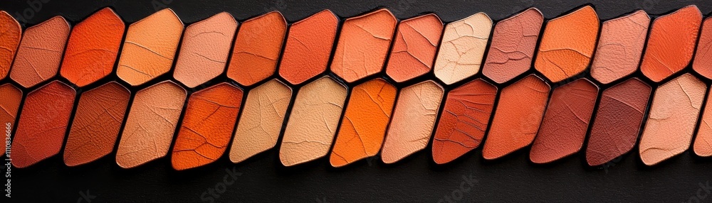 Poster a vibrant array of hexagonal color swatches in warm shades of orange, terracotta, and brown, arrange