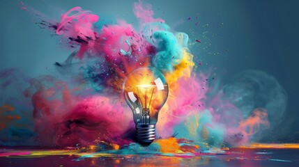 Vibrant lightbulb concept  creative idea representation using colorful paint techniques