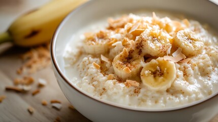 Photo of, A bowl of creamy coconut rice pudding topped with caramelized bananas and toasted coconut flakes, Coconut rice pudding bowl centered