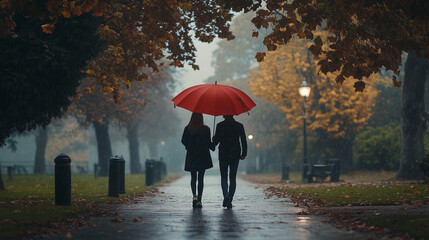 Romantic scene of a couple walking under a vibrant red umbrella in a misty park, rain droplets sparkling in the soft natural light, serene and intimate mood