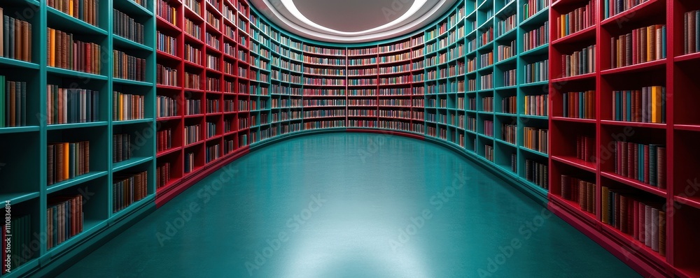 Poster a modern library interior featuring colorful bookshelves in a curved design, creating a vibrant and 