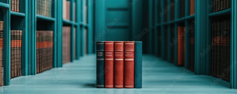 Poster a serene library scene featuring a row of vintage books on a teal shelf, creating a tranquil atmosph