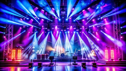 Fototapeta premium Vintage Style Photography of a Stage Bathed in Vibrant Purple and Blue Lights, Capturing the Dynamic Energy of a Live Performance Atmosphere