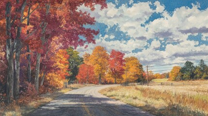 Fototapeta premium Scenic autumn road curving through vibrant fall foliage and golden fields under a partly cloudy sky.